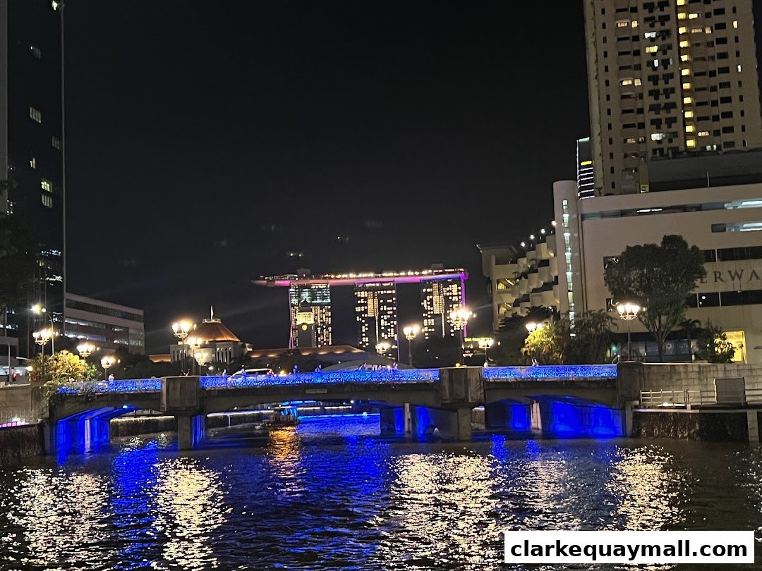 Night view of a river with a bridge illuminated by blue lights and city skyline.