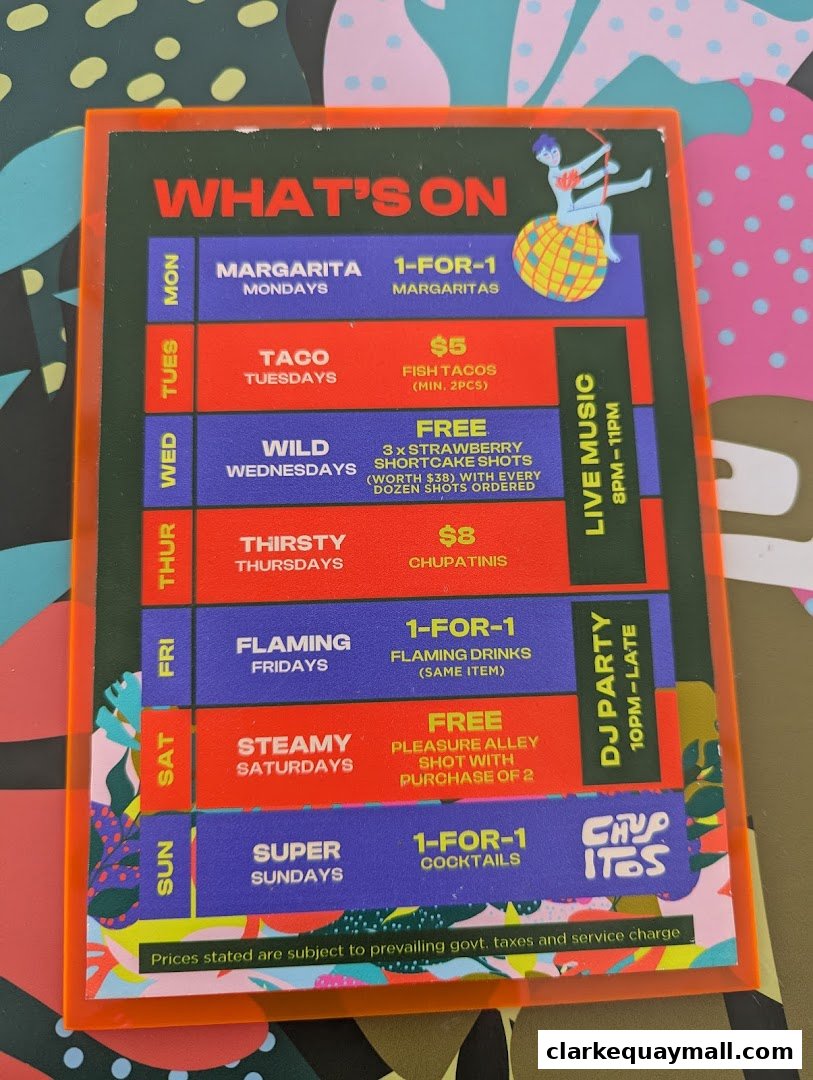 A colorful weekly specials board for Chupitos, featuring drinks and food deals.
