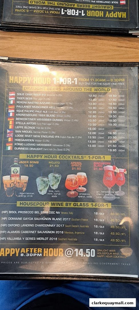 A menu featuring happy hour deals on draught beers, cocktails, and housepour wines.