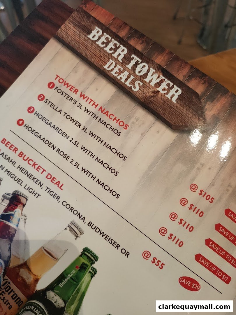 A menu featuring beer tower and beer bucket deals with prices and accompanying nachos.