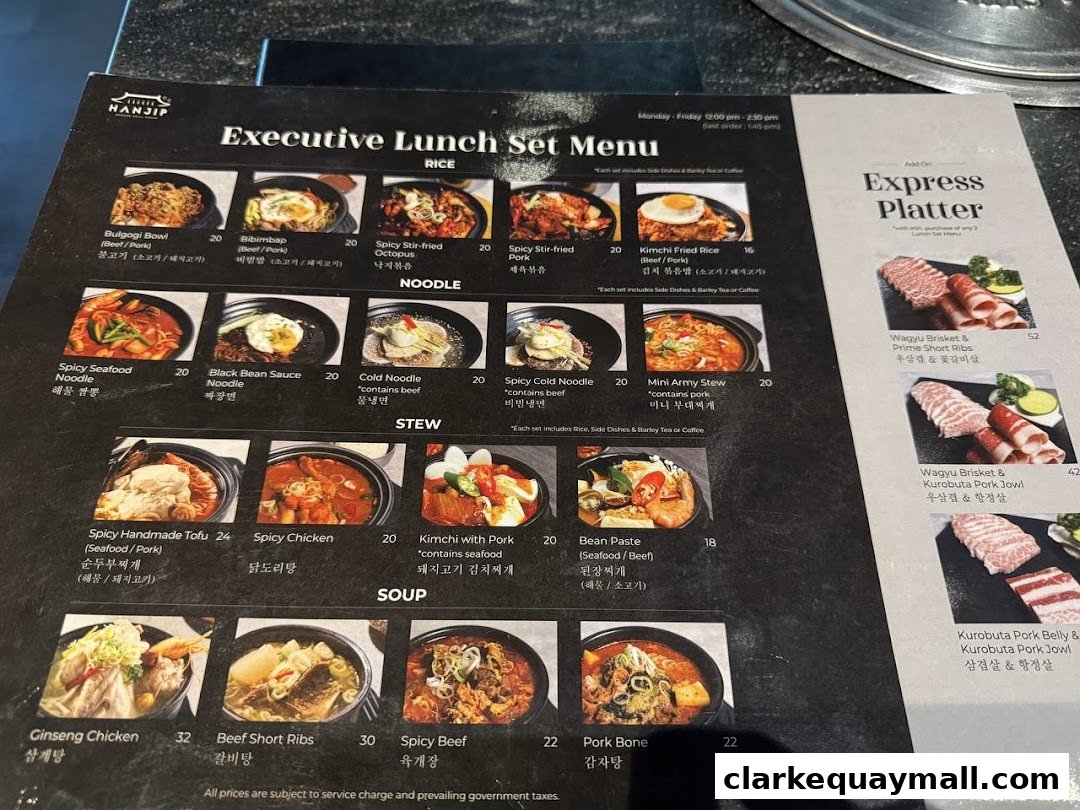 A menu from Hanjip Korean Grill House featuring lunch sets, stews, soups, and express platters.