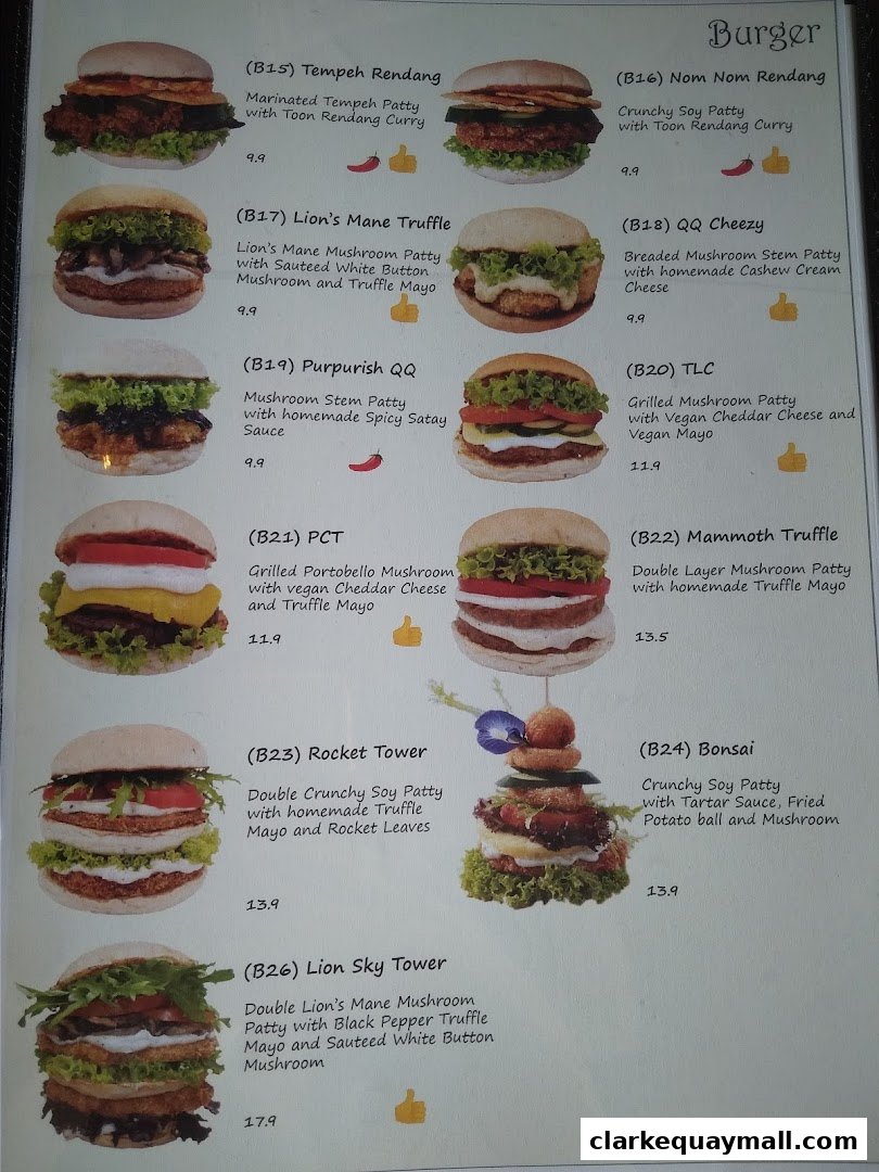 A menu page showcasing various gourmet burgers with detailed descriptions and prices.