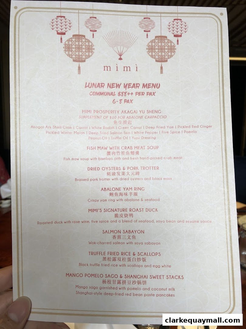 A Lunar New Year menu from Mimi Restaurant featuring communal dining options.