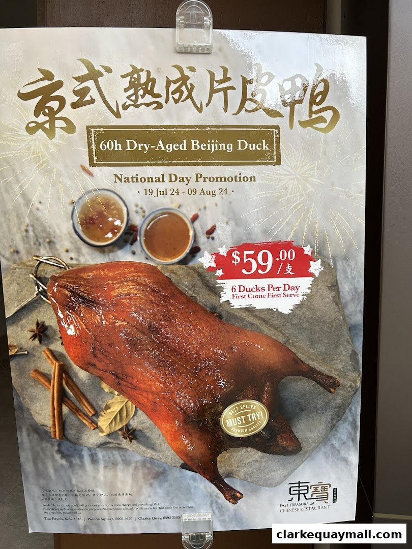 A promotional poster for 60h Dry-Aged Beijing Duck at East Treasure Chinese Restaurant.