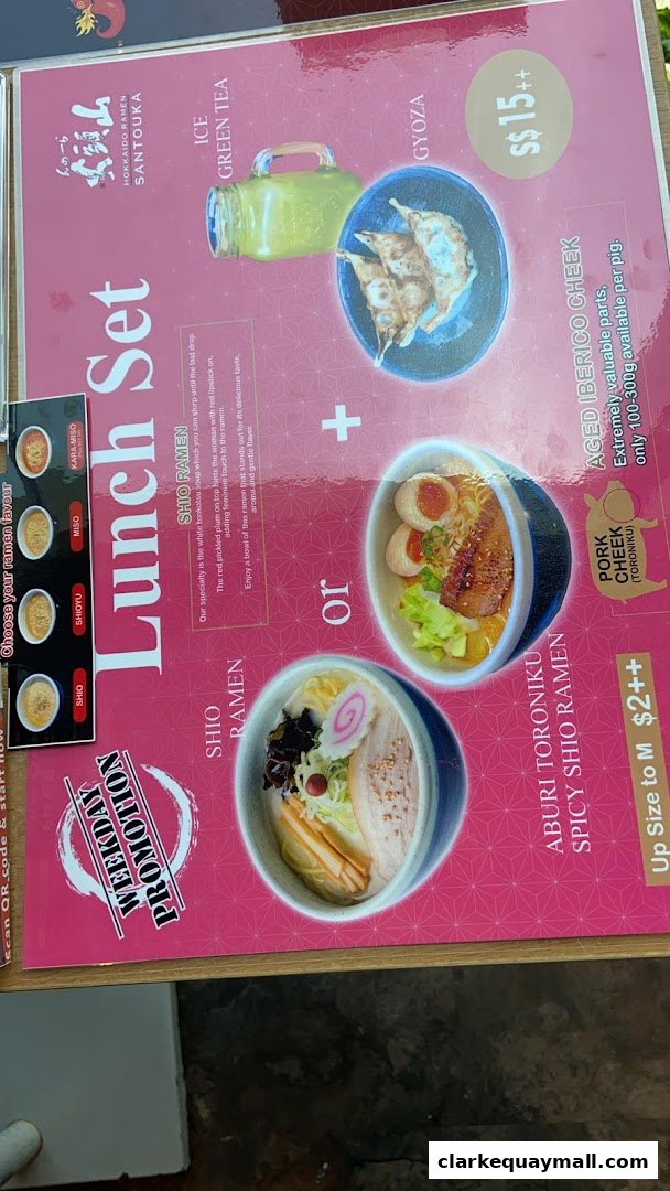 A menu from Hokkaido Ramen Santouka featuring lunch sets, ramen, gyoza, and drinks.