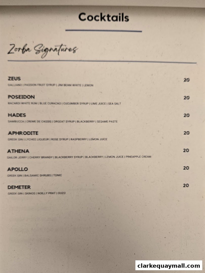 A menu featuring signature cocktails with Greek-inspired names and ingredients.