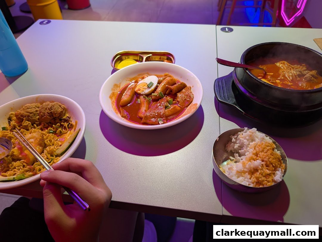A table laden with delicious Korean street food, including tteokbokki, ramen, and a steaming hot pot.
