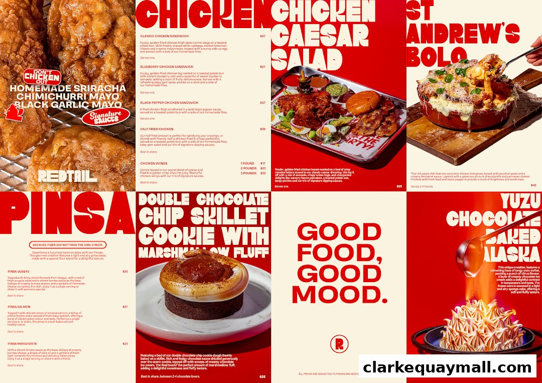 A vibrant menu display featuring various chicken dishes, salads, desserts, and signature sauces.