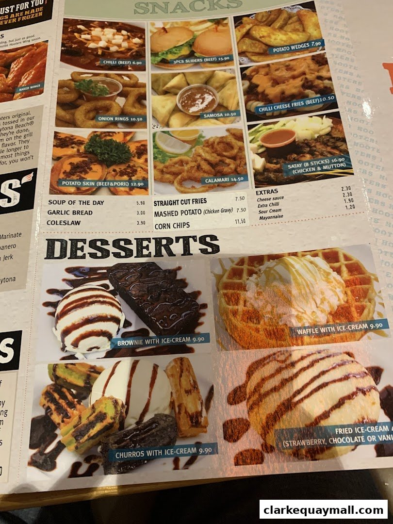 A menu from Hooters featuring snacks like sliders, samosas, calamari, and desserts like brownies and churros.