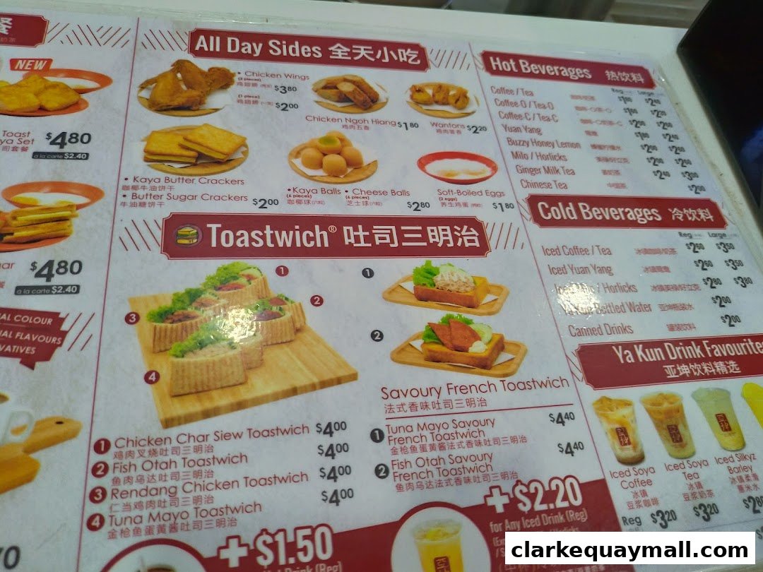 A menu board displaying various food and beverage options from Ya Kun Kaya Toast.