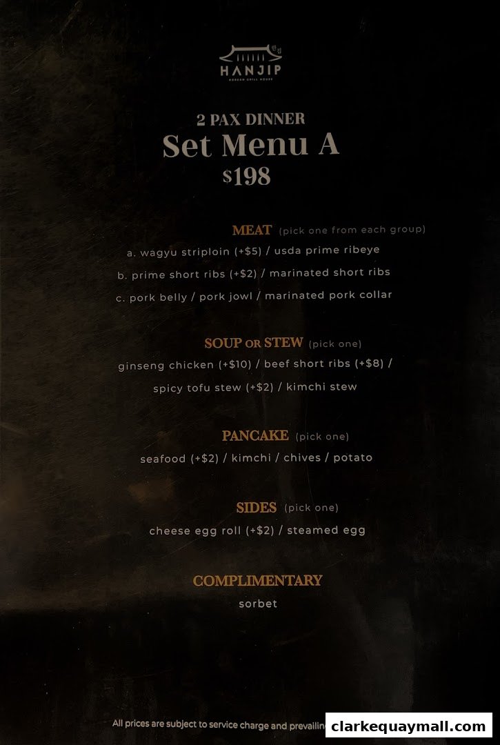 A menu for Hanjip Korean Grill House featuring a 2-person dinner set menu.