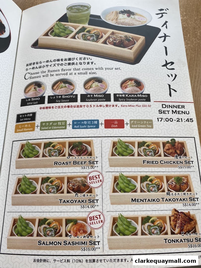A menu showcasing Hokkaido Ramen Santouka's dinner sets with ramen, sushi, and side dishes.