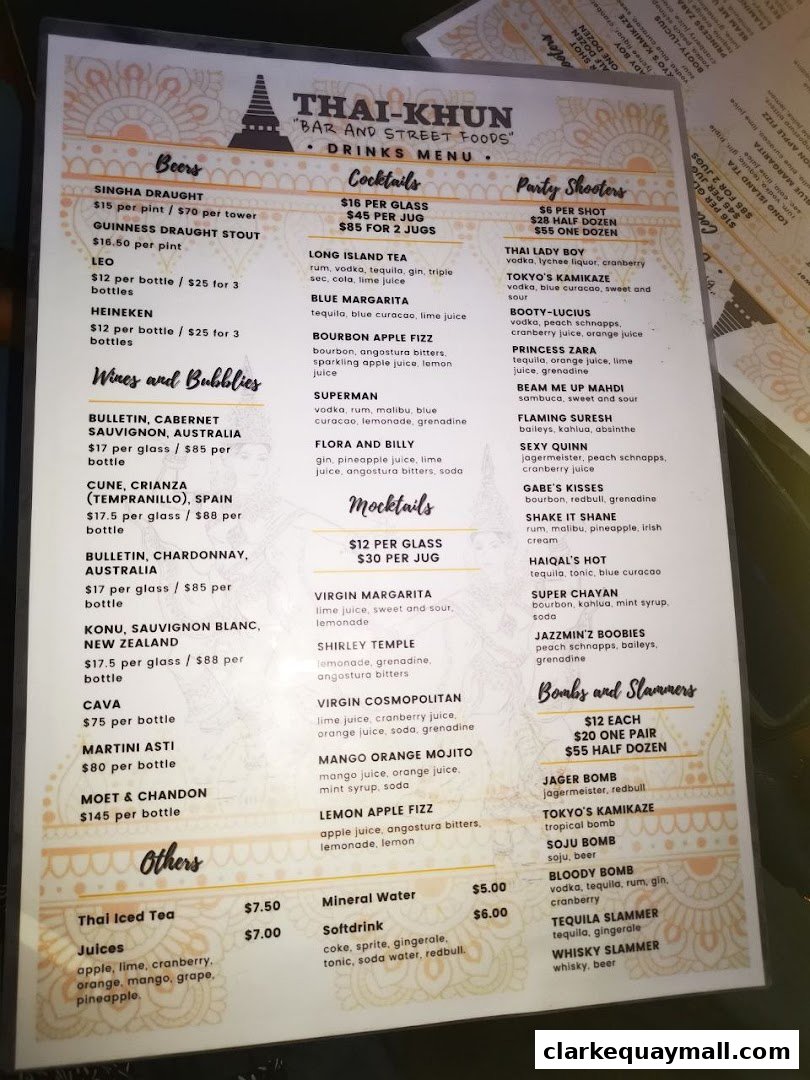 A menu for Thai-Khun Bar and Street Foods, featuring drinks like beers, cocktails, mocktails, and shooters.