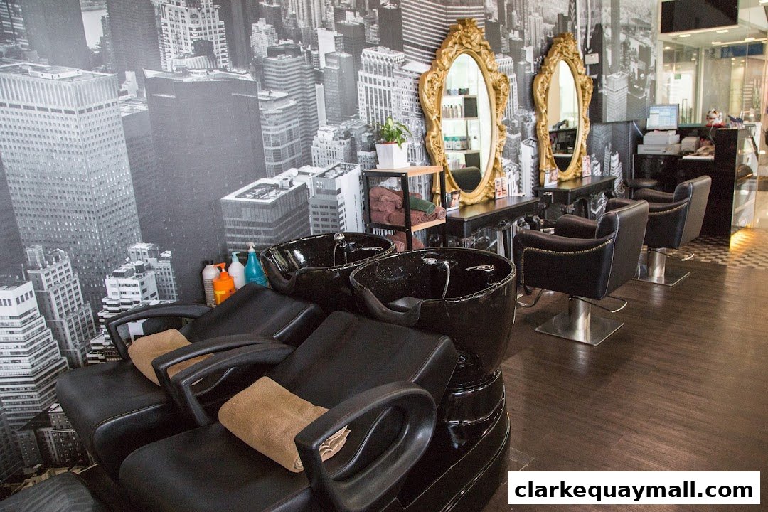 Interior of a modern hair salon with shampoo chairs, mirrors, and styling stations.