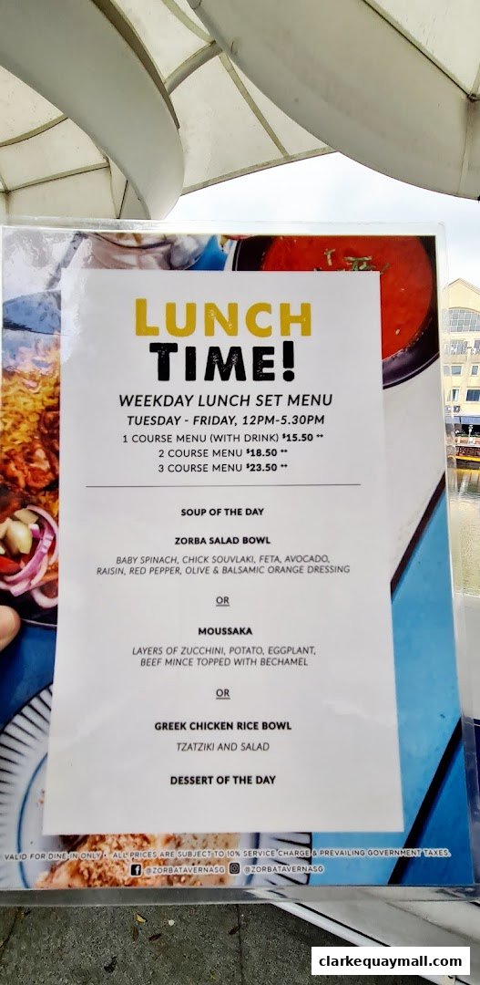 A menu for Zorba The Greek Taverna's weekday lunch set, featuring various meal options and prices.