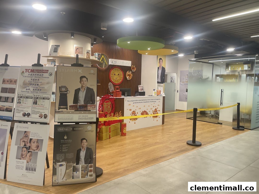 Interior view of A.M Aesthetics Clementi reception area with promotional displays and festive decorations.