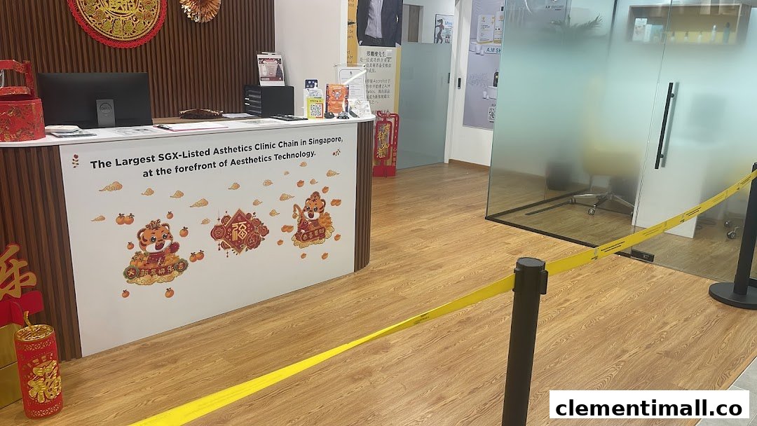 An interior view of A.M Aesthetics Clementi reception area with a counter and festive decorations.