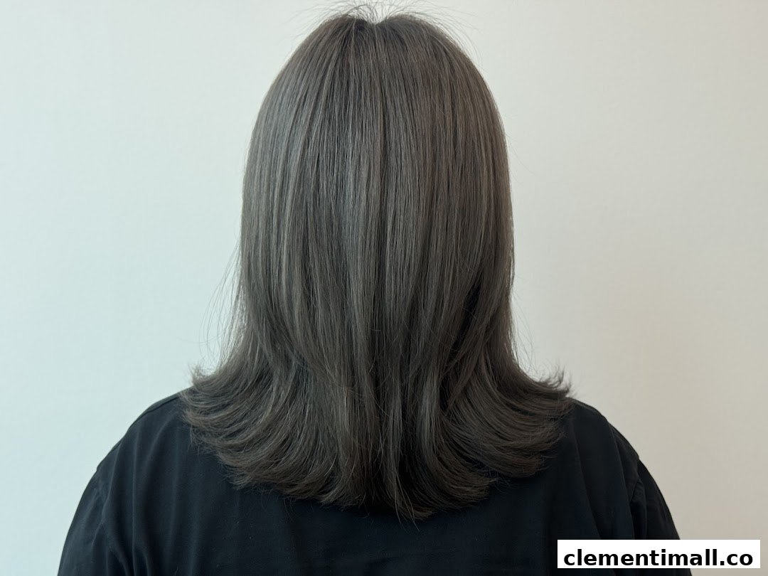 Rear view of a person showcasing a fresh, layered haircut with a stylish grey hair color.
