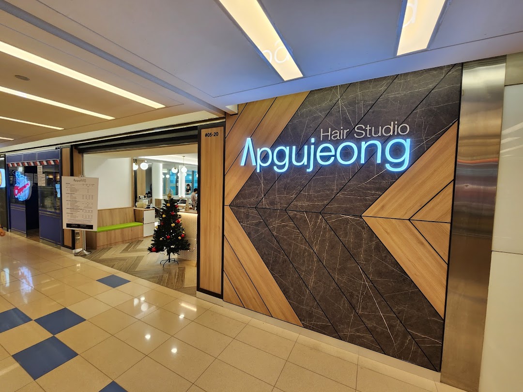 The modern entrance of Apgujeong Hair Studio featuring a festive Christmas tree inside.
