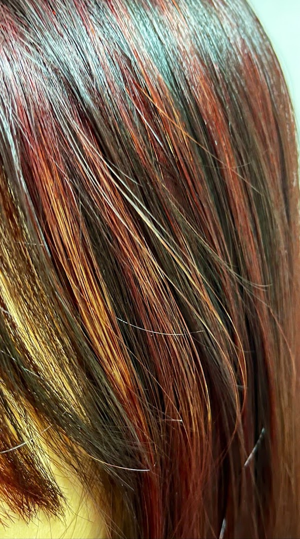 Close-up of hair showcasing vibrant red, brown, and blonde highlights, demonstrating expert hair coloring.