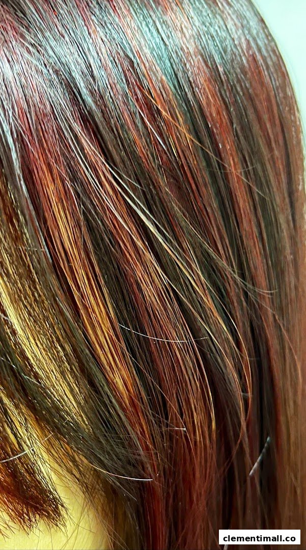 Close-up of hair showcasing vibrant red, brown, and blonde highlights, demonstrating expert hair coloring.
