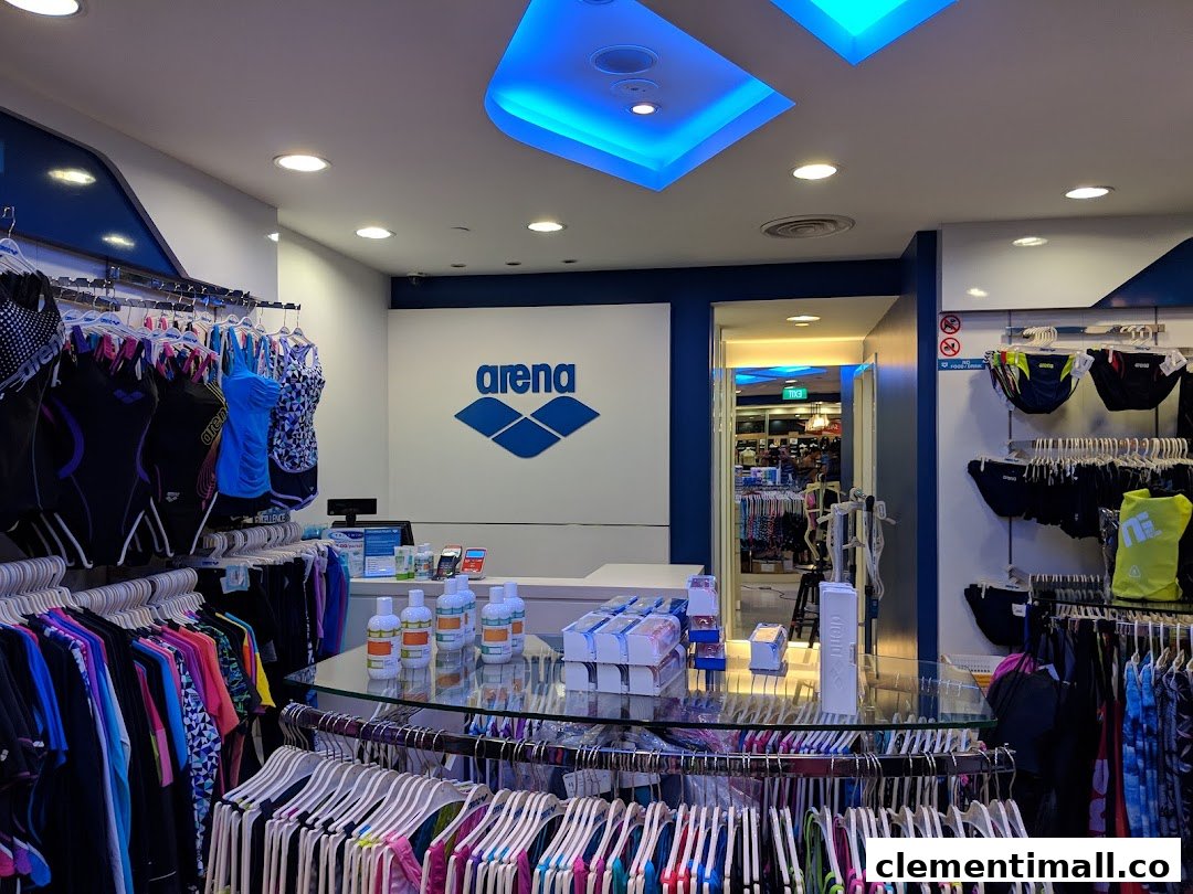 Interior view of the Arena store showcasing a wide range of swimwear and aquatic accessories.