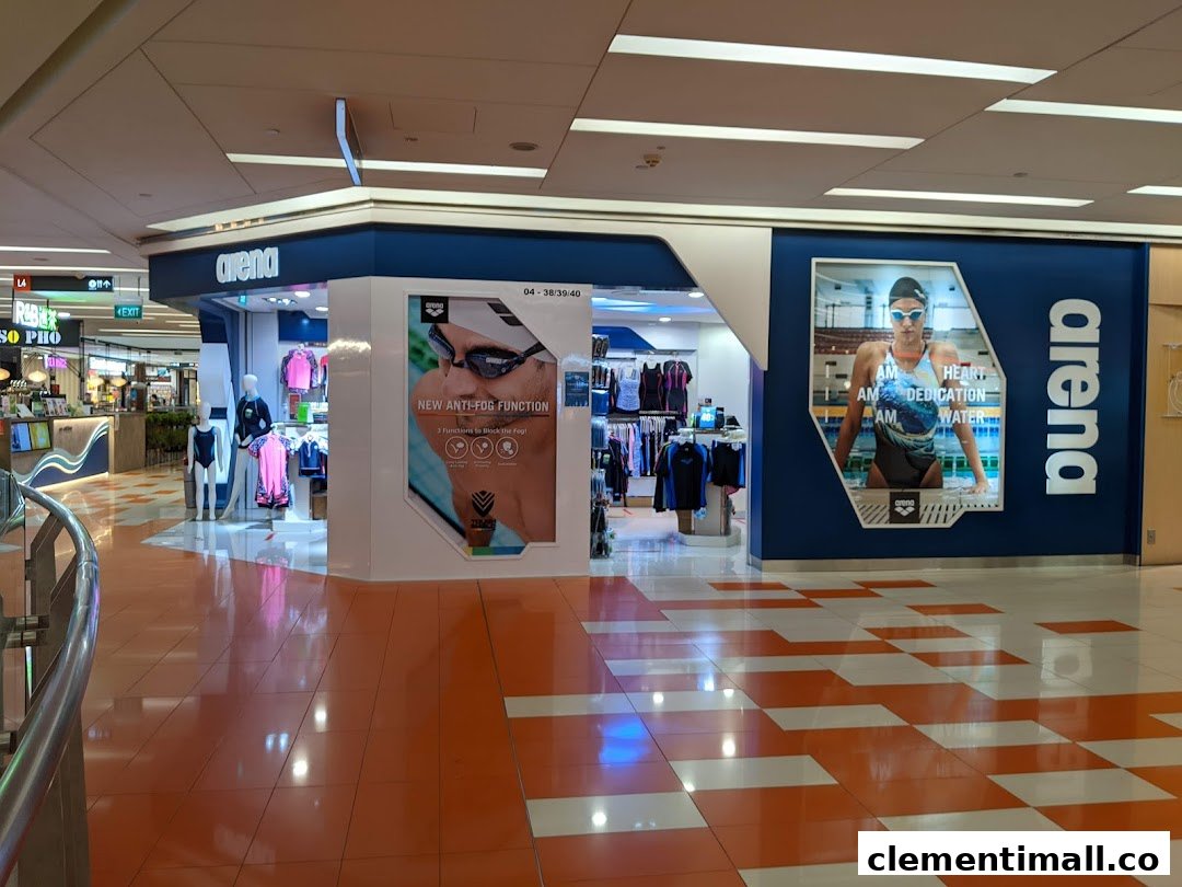 The Arena swimwear and sports apparel shop entrance with prominent displays and branding in a mall.