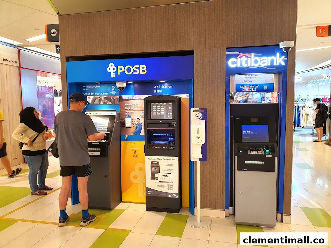People utilize POSB and Citibank ATMs and an AXS payment station within a shopping mall.