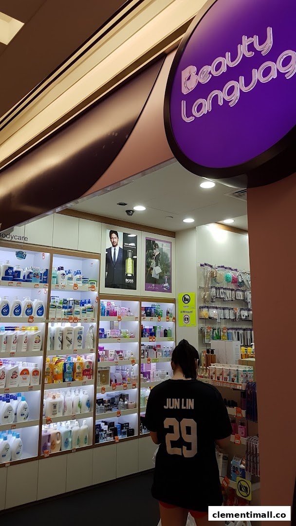 View of Beauty Language shop entrance showcasing a wide array of body care and beauty products.