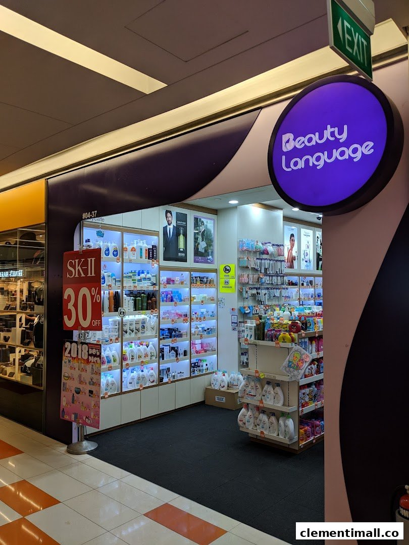 The storefront of Beauty Language, showcasing its purple signage and a wide range of beauty products.