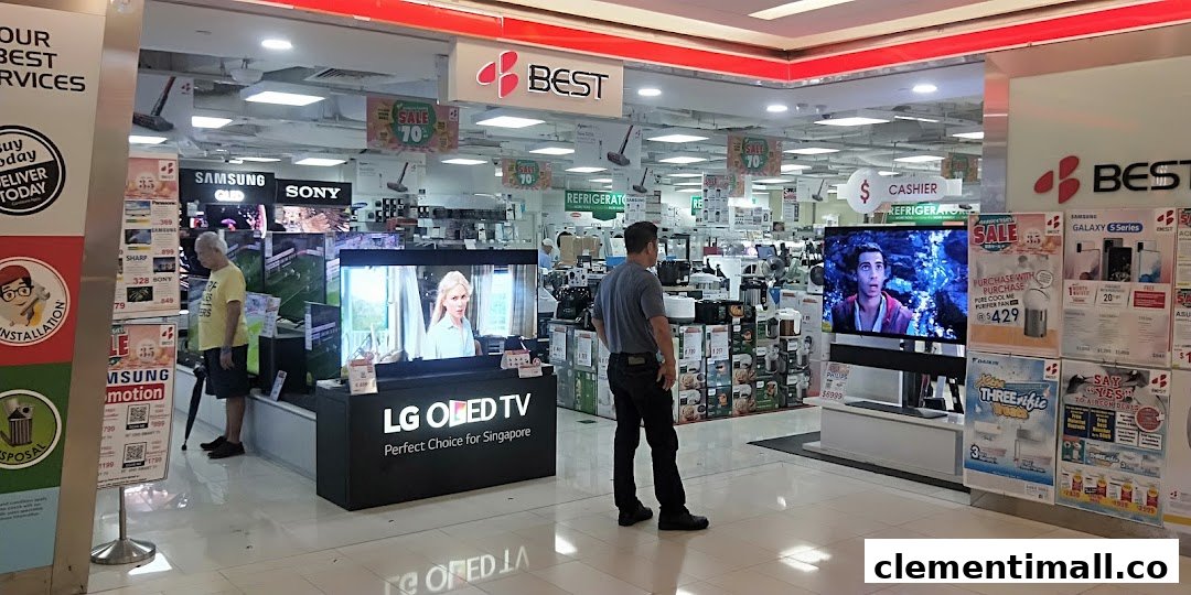 Interior view of Best Denki electronics store showcasing TVs, appliances, and customers browsing.