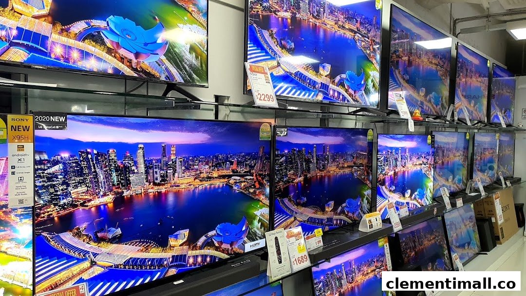 A wide array of televisions displaying vibrant cityscapes are showcased in an electronics store.