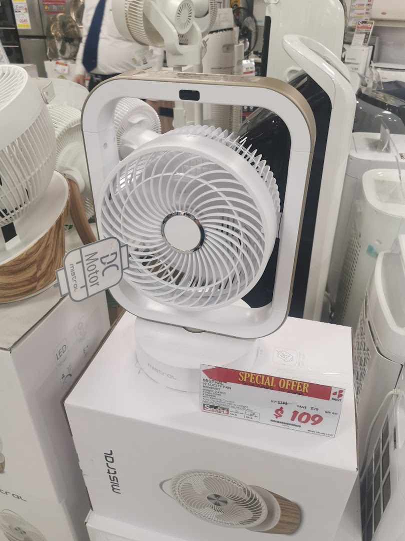 A display of various modern fans, highlighting a Mistral Velocity Fan with a special offer at Best Denki.