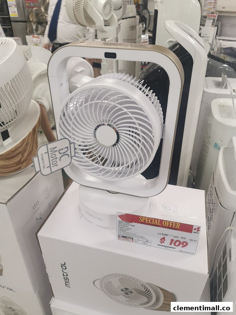 A display of various modern fans, highlighting a Mistral Velocity Fan with a special offer at Best Denki.