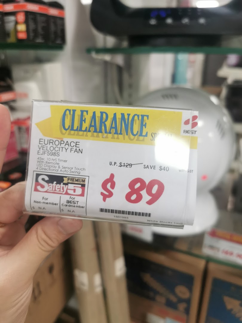 A close-up of a clearance price tag for a Europace Velocity Fan at Best Denki, showing a discounted price.