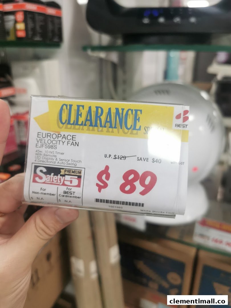 A close-up of a clearance price tag for a Europace Velocity Fan at Best Denki, showing a discounted price.