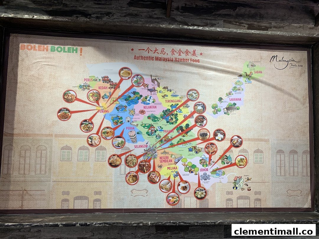 A vibrant map of Malaysia showcasing authentic hawker food specialties from various states.