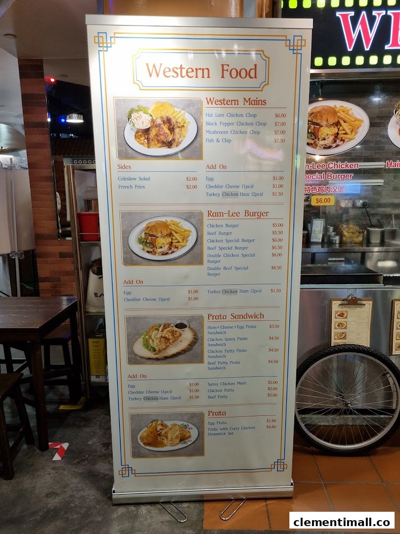 A detailed menu board displaying Western food, burgers, and prata dishes with prices.