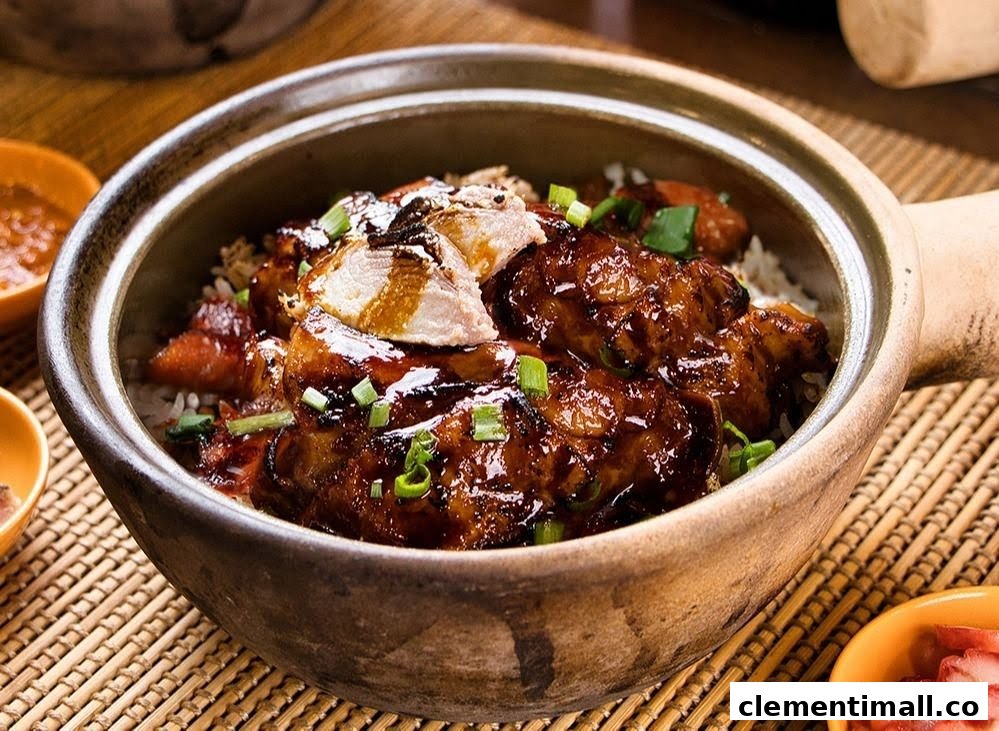 A close-up of a delicious claypot chicken rice dish, garnished with spring onions.