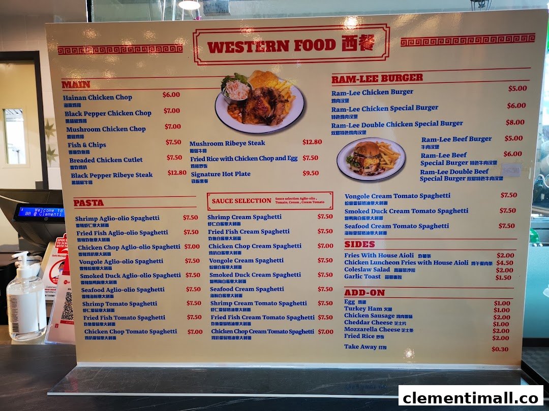 A detailed menu board displaying Western food options and prices from Boleh Boleh! Clementi Mall.