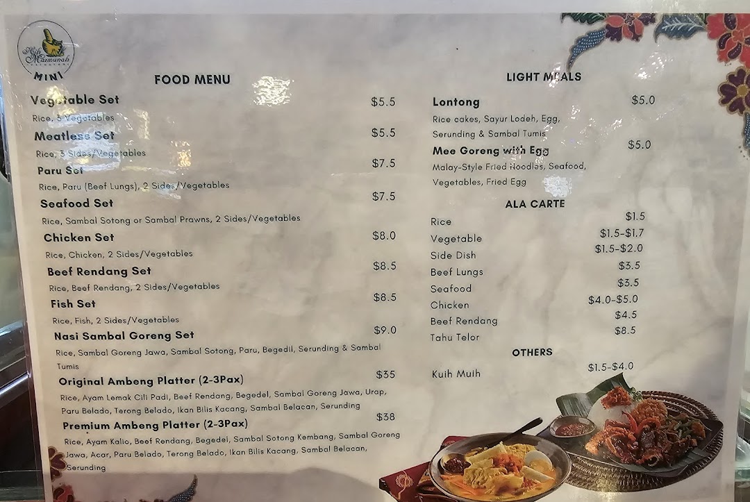 A detailed food menu from Hj Maimunah Mini, featuring Malay sets, platters, light meals, and ala carte options.