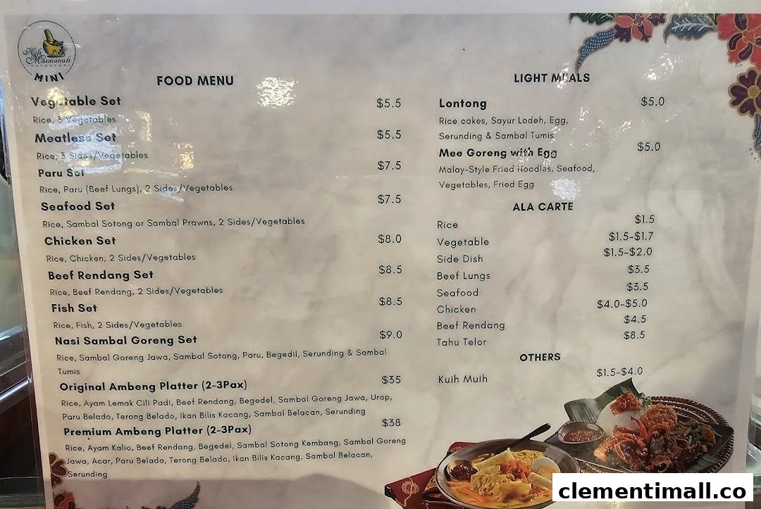 A detailed food menu from Hj Maimunah Mini, featuring Malay sets, platters, light meals, and ala carte options.