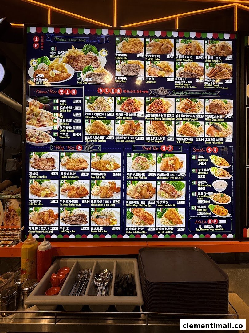 A brightly lit menu board displaying a variety of Western and Asian fusion dishes with prices.