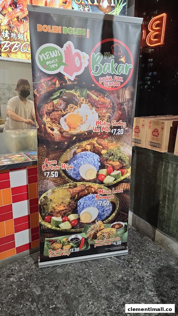 A vibrant banner showcasing various Malay dishes and their prices from Mr. Bakar.