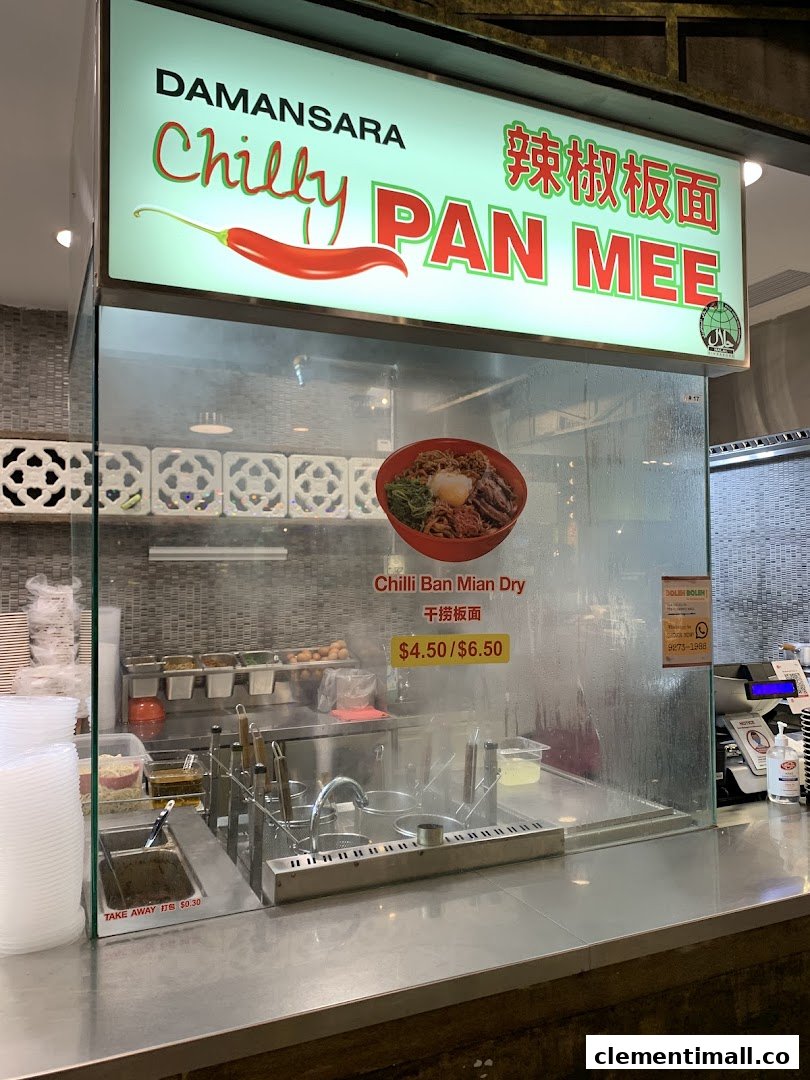 A food stall counter at Boleh Boleh! Clementi Mall, showcasing Damansara Chilly Pan Mee and its signature dish.