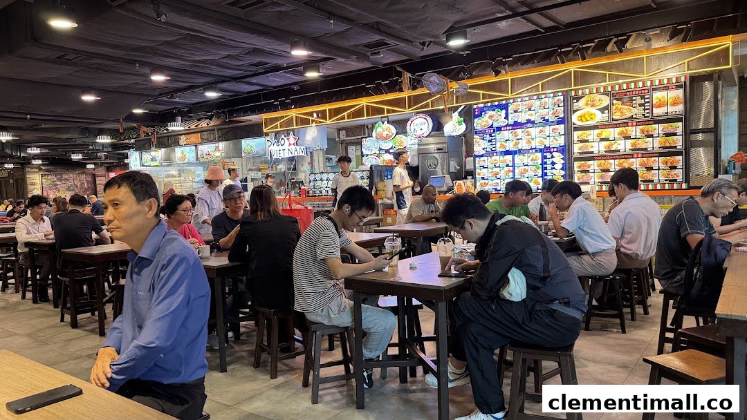 Diners enjoy meals at a bustling food court with various food stalls in the background.