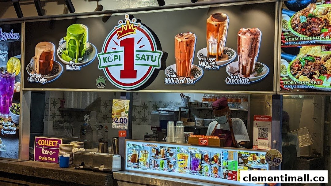 A vibrant menu display showcasing various beverages and food items at a shop counter.