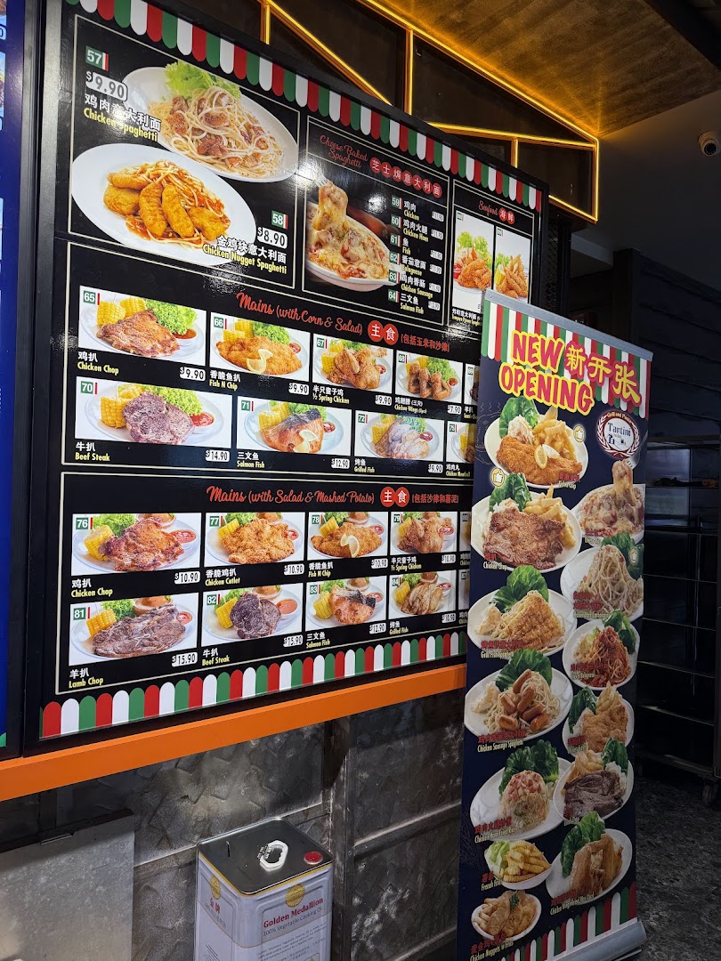A vibrant menu board and standing banner showcasing a variety of Western dishes with prices.