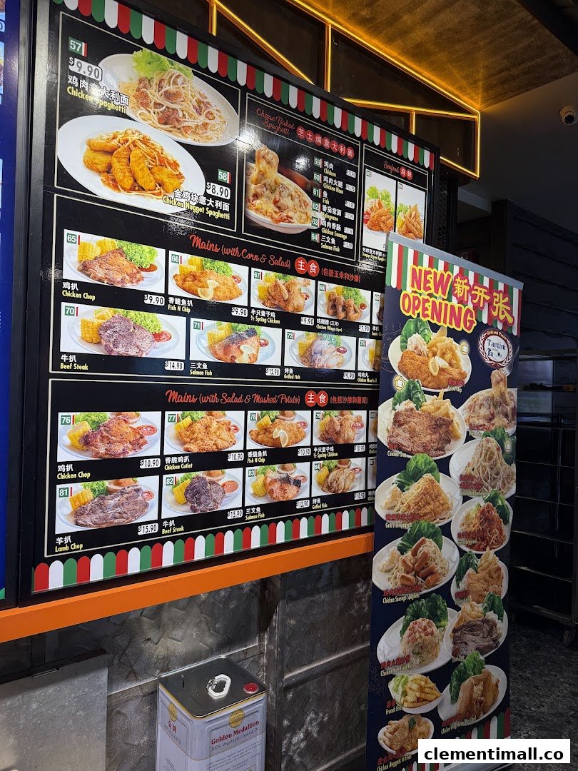A vibrant menu board and standing banner showcasing a variety of Western dishes with prices.