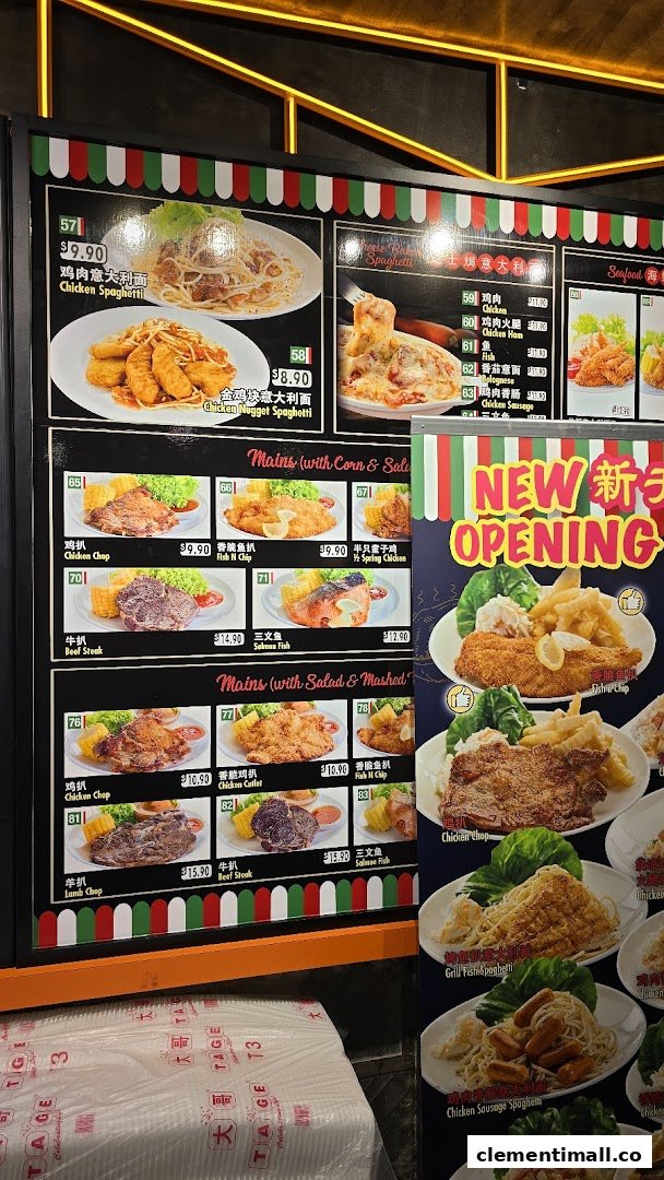 A large menu board displaying various Western dishes like spaghetti, chicken chops, and fish.